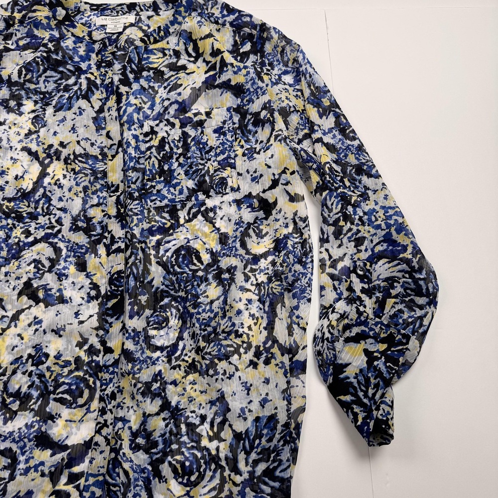 Liz Claiborne Womens 1X Blue Yellow Floral Print Long Sleeve Blouse Tunic - Picture 5 of 10
